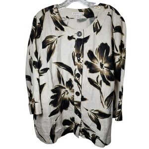 CLEARANCE JM Collection 16W 100% Linen Button Front Top Floral Print Beige Black